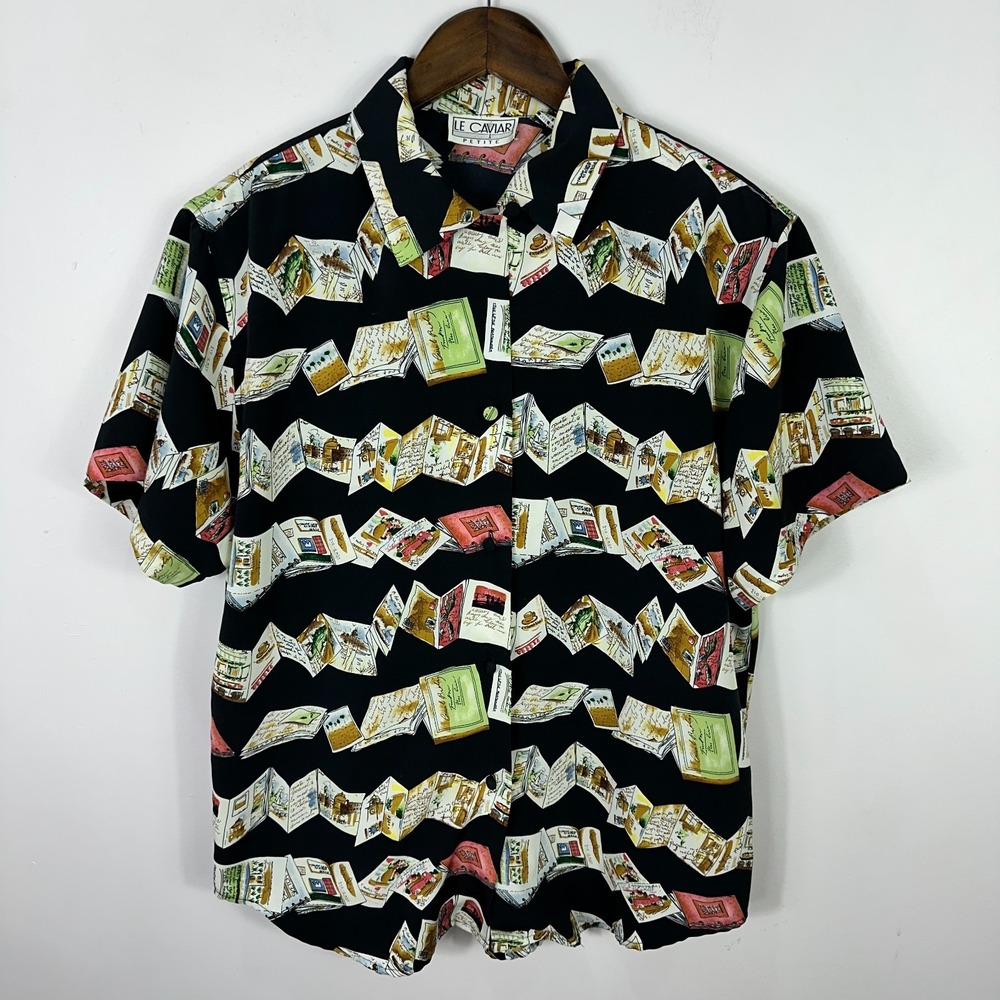 Le Caviar Button Down Shirt Womens Medium Petite Black Travel Postcard Vtg 90s